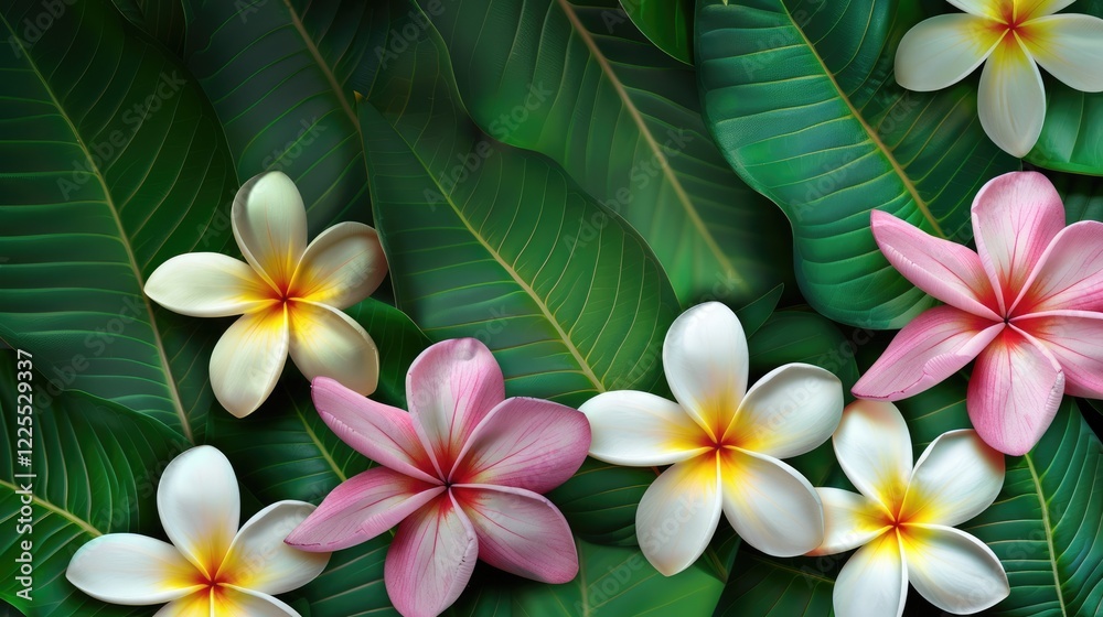 White and pink gradient plumeria flowers with yellow center on green leaves background