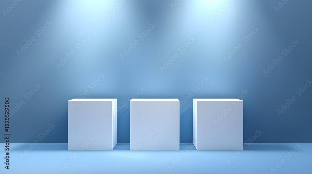 Fototapeta premium Square podiums are white. Abstract background. A stage for the demonstration of cosmetics. Podium for the award, consisting of three 3 square figures of different sizes on a blue background. Showcase