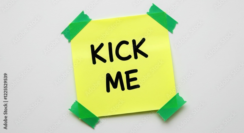 Yellow sticky note with kick me prank message taped on wall Yellow sticky note with kick me prank message taped on wall