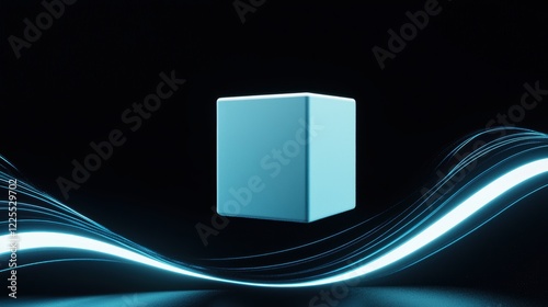 Abstract glowing cube emitting energy waves suspended in a dark futuristic void surreal 3D object design blending light and sci-fi themes photo