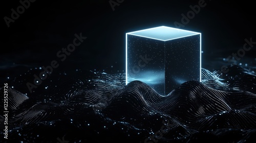 Abstract glowing cube emitting energy waves suspended in a dark futuristic void surreal 3D object design blending light and sci-fi themes photo