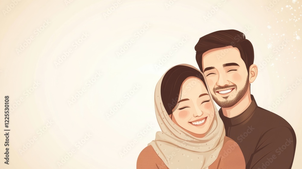Obraz premium Happy Asian Muslim couple embracing and smiling together showcasing love and family connection with a warm, serene background