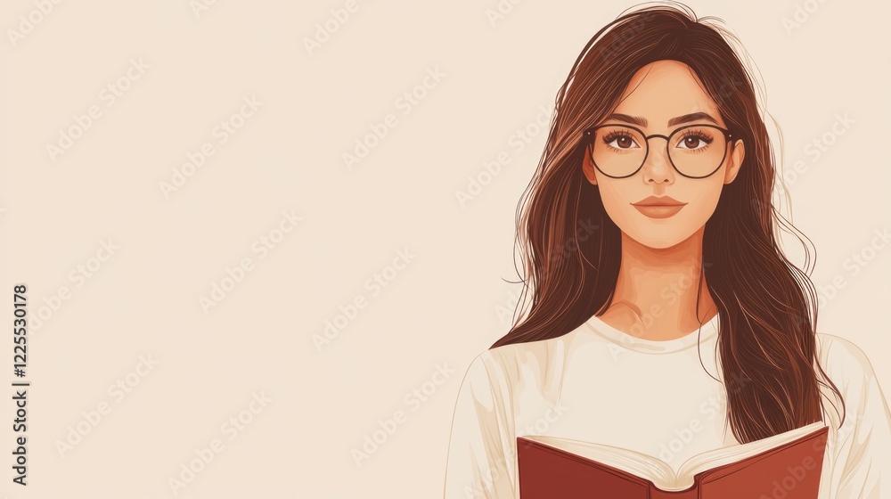 Young female teacher portrait with book and glasses on beige background ideal for educational themes and promotional materials Young female teacher portrait with book and glasses on beige background ideal for educational themes and promotional materials