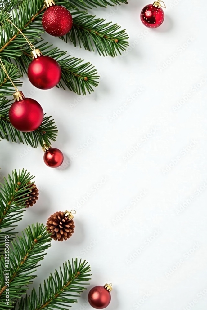 White background with fir branches and red ball clusters, white, Christmas White background with fir branches and red ball clusters, white, Christmas