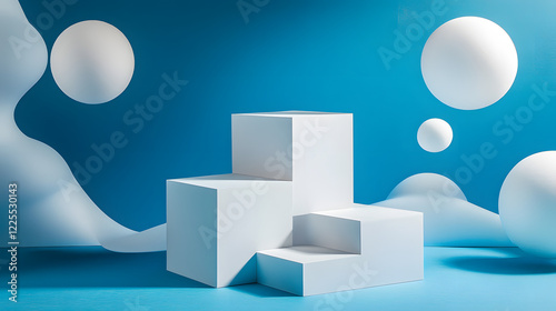 Square podiums are white. Abstract background. A stage for the demonstration of cosmetics. Podium for the award, consisting of three 3 square figures of different sizes on a blue background. Showcase