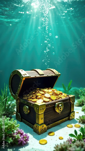 Submerged under water Treasure jewels in open chest on sandy bottom of the sea