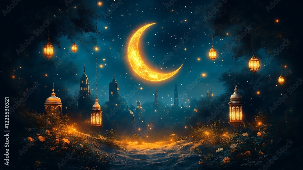 Naklejka premium Enchanting Night Scene with Crescent Moon and Lanterns