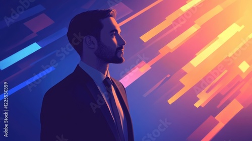 Businessman contemplating digital transformation with vibrant technology-themed background illustrating innovation and progress.