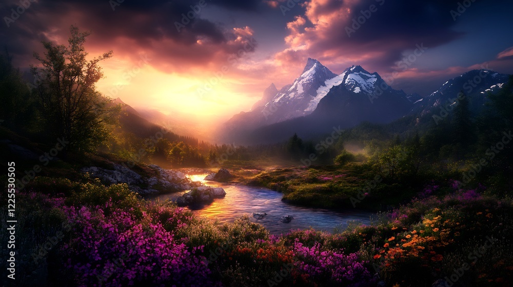 Naklejka premium Majestic Sunset over Mountain River and Blooming Meadows