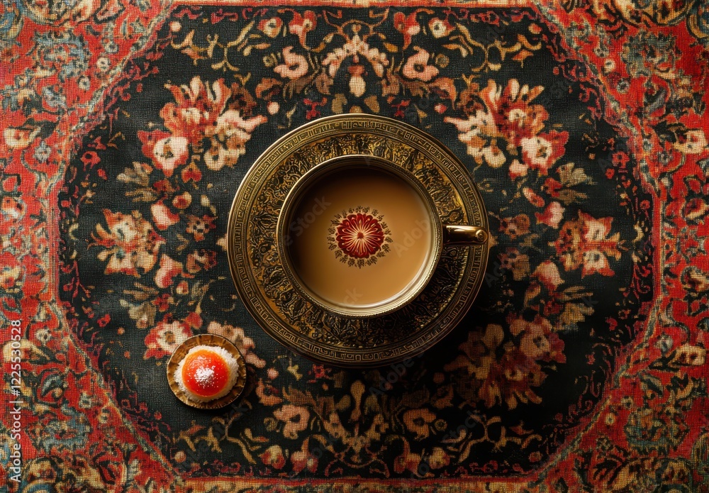 Obraz premium Traditional Tea Ceremony with Ornate Cup on Decorative Patterned Cloth