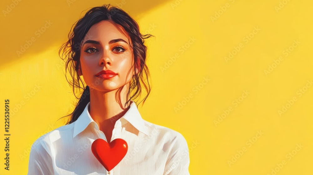 Positive woman with heart symbol on yellow background celebrating love and femininity ideal for Women's Day promotional material Positive woman with heart symbol on yellow background celebrating love and femininity ideal for Women's Day promotional material