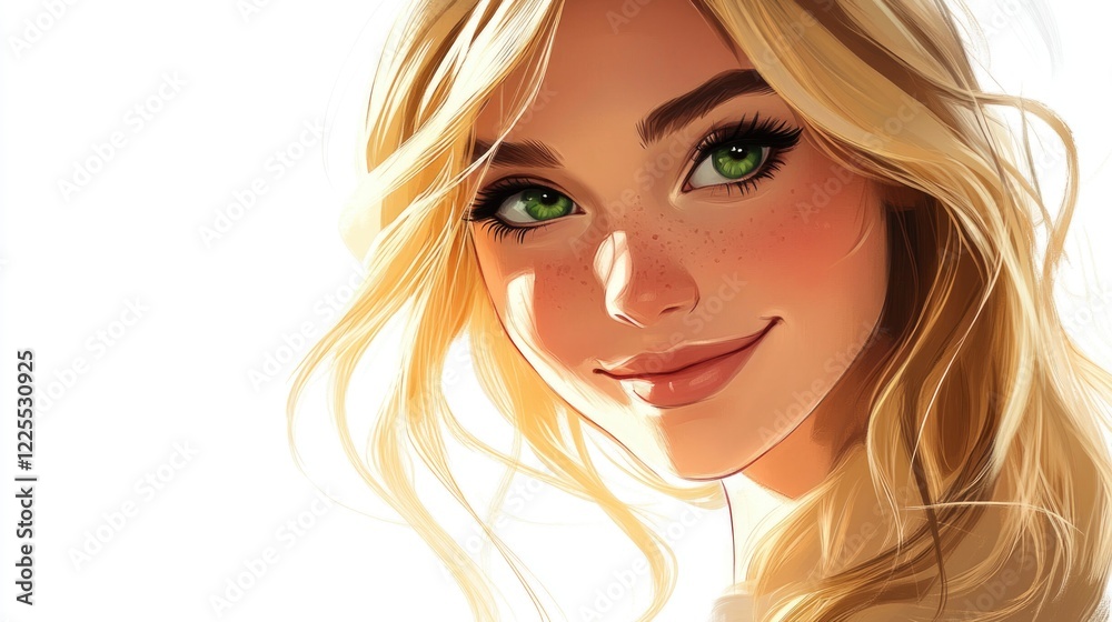 Smiling blonde woman with green eyes and freckles on a white background showcasing beauty and warmth in a cheerful portrait. Smiling blonde woman with green eyes and freckles on a white background showcasing beauty and warmth in a cheerful portrait.