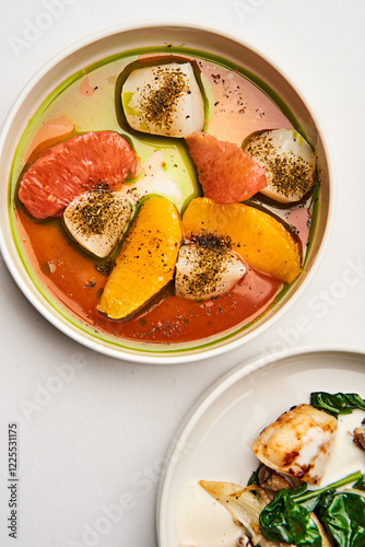 Freshly prepared citrus salad featuring various fruits and seafood, complemented by sautéed spinach, creating a vibrant and nutritious dish perfect for a light meal photo