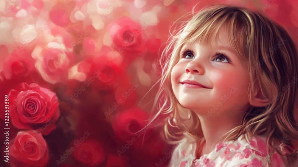 Fototapeta premium Happy little girl gazing upward amidst a picturesque rose background creating a dreamy and cheerful atmosphere.