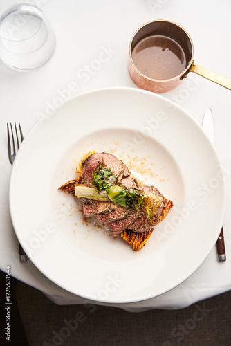 A succulent portion of beef rests on a delicate bed of roasted vegetables, elegantly plated at a sophisticated dining table. A drink is nearby, enhancing the gourmet experience