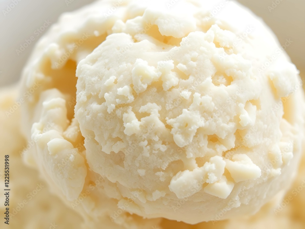 Close up of detailed view showcasing a scoop of white vanilla Close up of detailed view showcasing a scoop of white vanilla