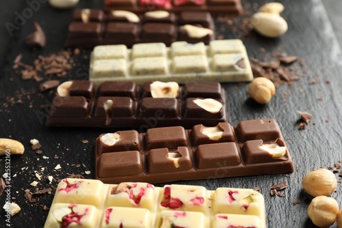 Different tasty chocolate bars with nuts and freeze dried raspberry on black table, closeup