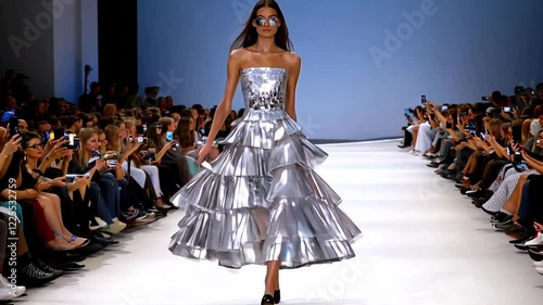 Model in futuristic metallic dress at fashion show