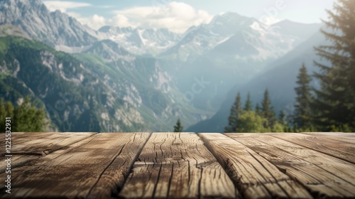 Wooden table with mountain landscape backdrop and room for decor. Text space included.