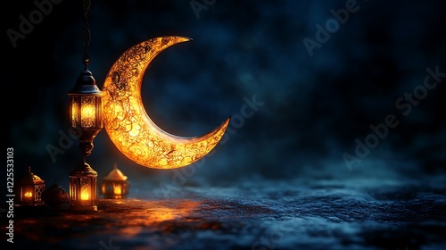 Illuminated Crescent Moon with Ornate Lanterns at Night