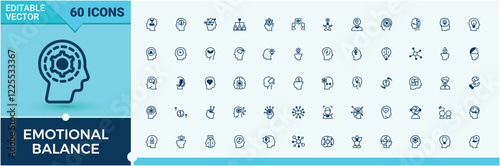 Emotional Balance icons set. Contains related to relax, mental, love, anxiety, Mindfulness, therapy, spirit, exercise and more. Thin linear style icons. Outline and solid pictogram.