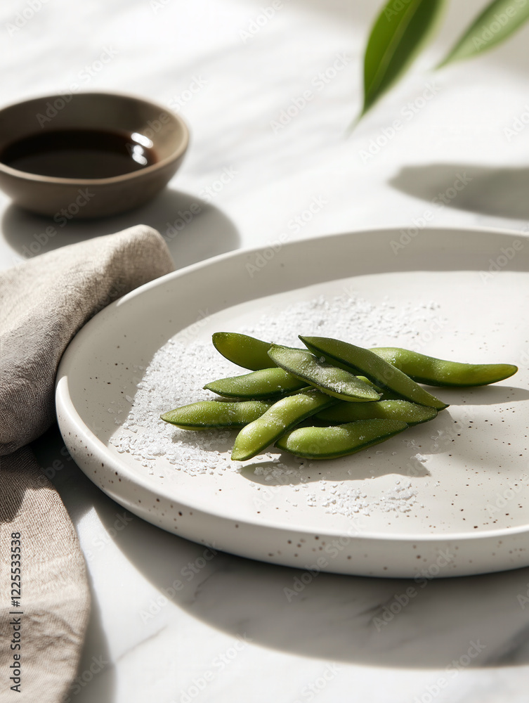 Fresh edamame beans on speckled plate with soy sauce on marble surface Fresh edamame beans on speckled plate with soy sauce on marble surface