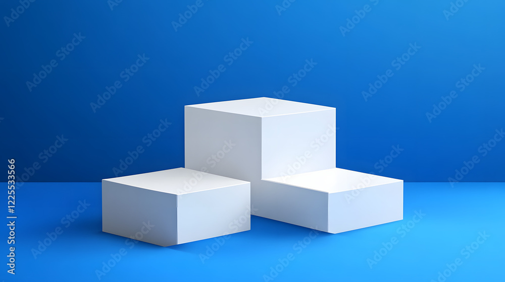 Fototapeta premium Square podiums are white. Abstract background. A stage for the demonstration of cosmetics. Podium for the award, consisting of three 3 square figures of different sizes on a blue background. Showcase