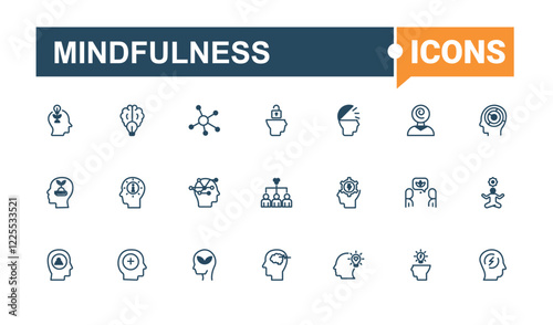 Mindfulness minimal icon set. Contains such icons as health, body, mindfulness, human, mental and more. Web icons. Editable vector outline and solid icons.