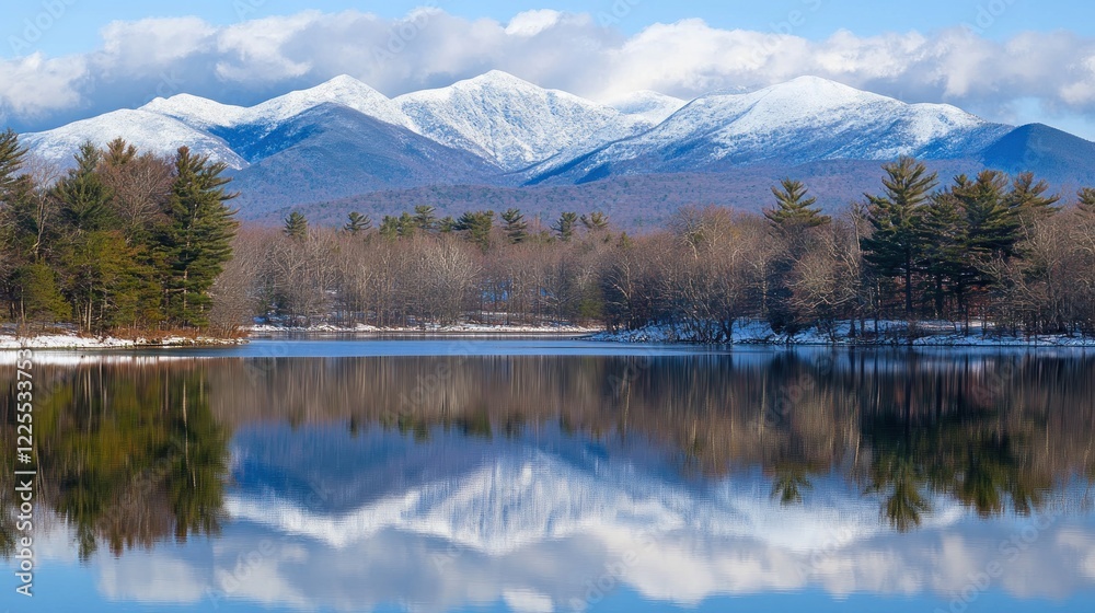 Fototapeta premium Snow capped mountains reflected in a calm lake