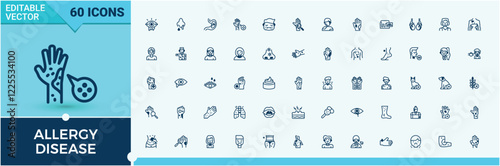 Allergy Disease icons set. Contains such icons as animal, sick, antihistamine, pollen, illness, temperature, allergen, allergies. Minimal icons. Vector outline and solid icons collection.