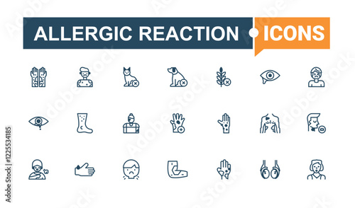 Allergic Reaction linear icon collection. Contains such icons as food, rhinitis, arm, pharmaceutical, sick, dog, milk. Thin linear style icons. Solid line editable stroke.