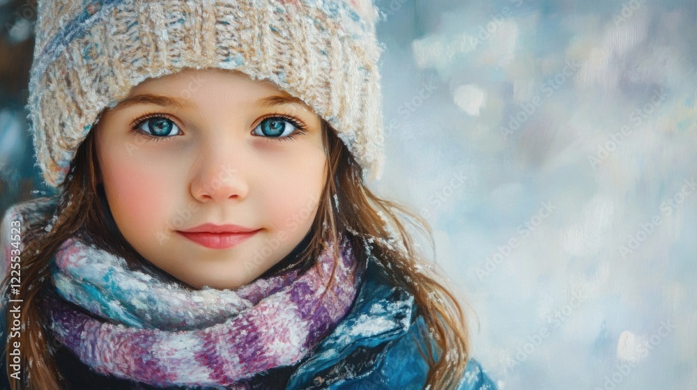 Winter portrait of a young girl wearing a cozy hat and scarf outdoors in a snowy landscape with soft natural lighting. Winter portrait of a young girl wearing a cozy hat and scarf outdoors in a snowy landscape with soft natural lighting.