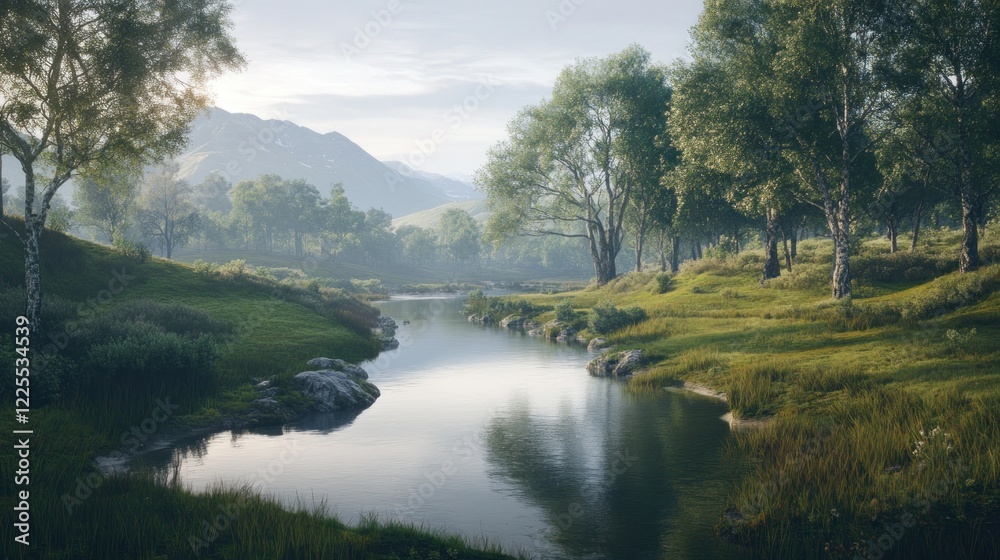 Serene River Flows Through Lush Green Mountain Valley Serene River Flows Through Lush Green Mountain Valley