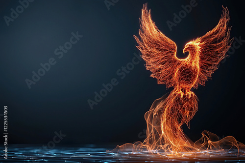 glowing phoenix rises through digital data stream, symbolizing rebirth and transformation. fiery bird is set against dark background, creating striking contrast with its vibrant colors