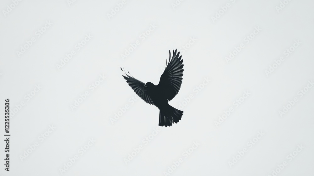 Obraz premium Silhouette of a bird in flight against a light gray background.