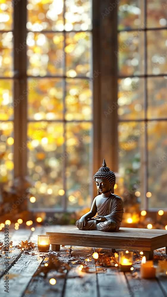 Buddha statue meditates by autumn window with candles and fall leaves for peaceful mindfulness Buddha statue meditates by autumn window with candles and fall leaves for peaceful mindfulness