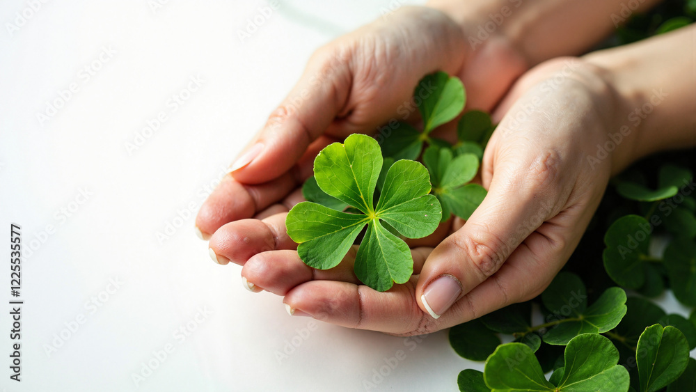 Hands Holding Four-Leaf Clover: St. Patrick's Day Symbol for Luck in Marketing, Events, and Social Media Hands Holding Four-Leaf Clover: St. Patrick's Day Symbol for Luck in Marketing, Events, and Social Media