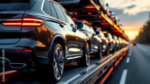 Truck transporting luxury cars, transportation, delivery, automobile.