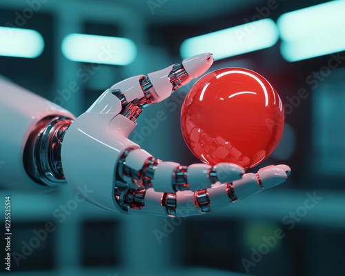 Hyper-detailed robotic arm holding a glowing sphere in a futuristic lab artistic sci-fi 3D object with intricate mechanical textures photo