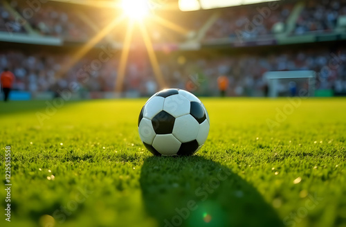 Soccer field with soccer ball in the sunlight, ball in the center of the field