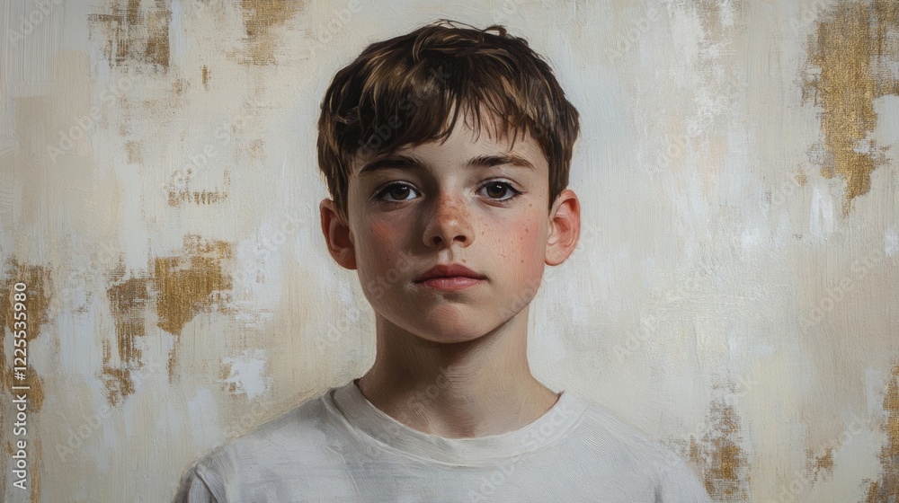 Studio portrait of a young boy with a neutral expression against a textured background showcasing natural light and subtle colors. Studio portrait of a young boy with a neutral expression against a textured background showcasing natural light and subtle colors.
