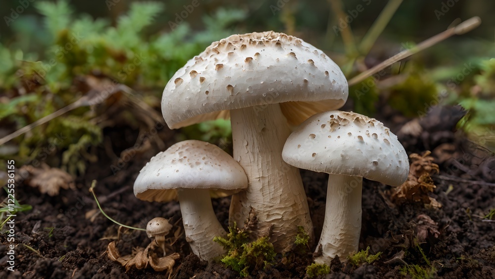 Trio of White Mushrooms Emerging from Forest Soil Trio of White Mushrooms Emerging from Forest Soil
