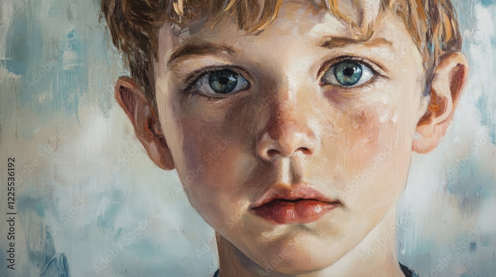Portrait of a young boy with expressive blue eyes and a thoughtful expression against a textured background showcasing artistic details. Portrait of a young boy with expressive blue eyes and a thoughtful expression against a textured background showcasing artistic details.