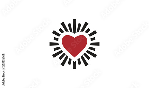Heartfelt Radiance: A vibrant red heart, the symbol of love and compassion, radiates with warmth and energy, encircled by a dynamic black sunburst, evoking a feeling of hope and optimism.
