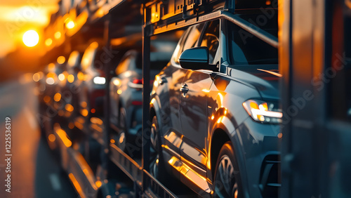 Truck transporting luxury cars, transportation, delivery, automobile.