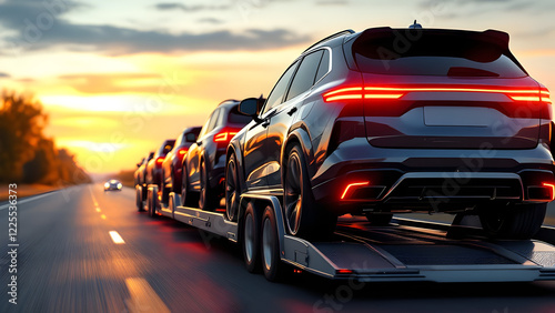 Truck transporting luxury cars, transportation, delivery, automobile.