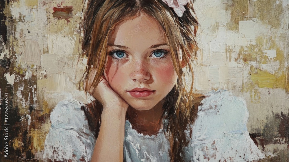 Fototapeta premium Portrait of a young girl with blue eyes and a flower in her hair against an abstract background capturing innocence and beauty.