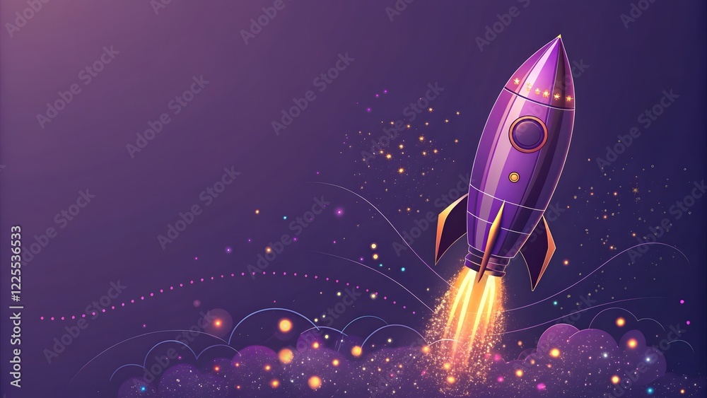 Naklejka premium Colorful Modern Rocket Launching with Sparks in a Starry Sky