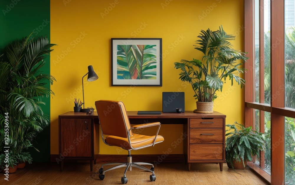 Fototapeta premium Energetic Brazilian-inspired office featuring a wooden desk with tropical accents, a leather chair, and vibrant greenery. Bright yellow and green tones on the walls, along with Brazilian art