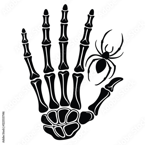 Halloween Skeleton Hand with Spider Silhouette Vector Illustration on a white background